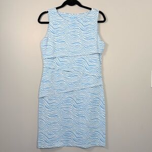 J McLaughlin Catalina Dress M 
Blue White Striped Radio Waves Tiered Sleeveless
